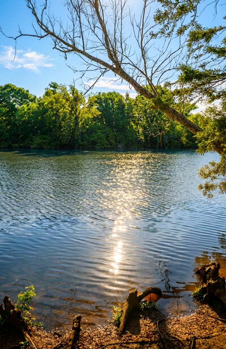 Calm water and pines along the shore of Delta Lake State Park